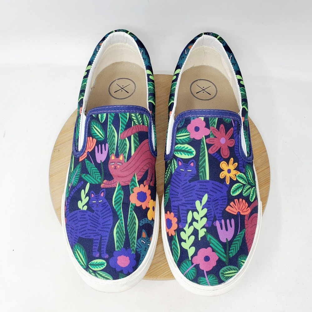Inkkas Sokoke Shoes Womens 10 Colorful Cats Floral Slip On Low Top Retro Sneaker